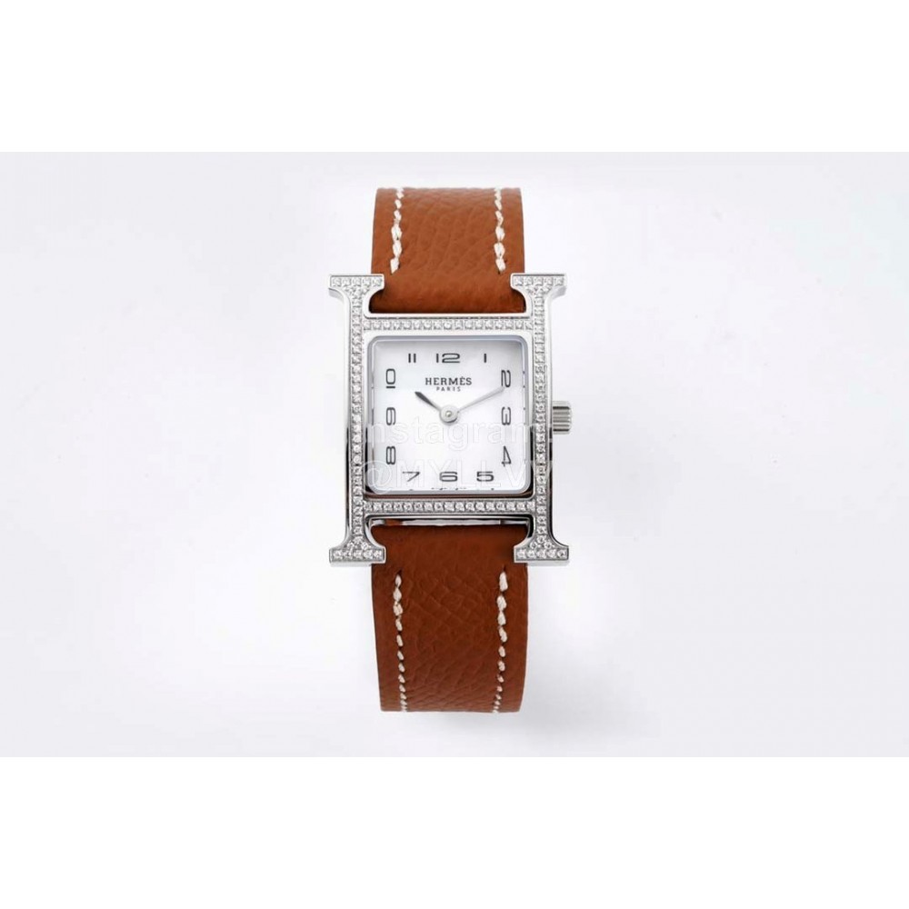 Hermes Bv Factory Diamond Square Dial Leather Strap Watch Brown