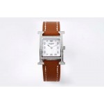 Hermes Bv Factory Diamond Square Dial Leather Strap Watch Brown