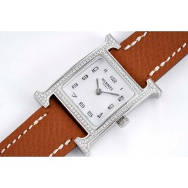 Hermes Bv Factory Diamond Square Dial Leather Strap Watch Brown