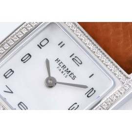 Hermes Bv Factory Diamond Square Dial Leather Strap Watch Brown