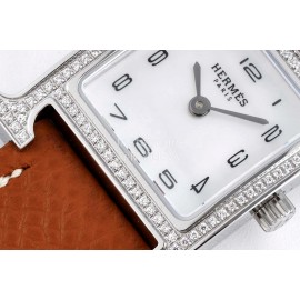 Hermes Bv Factory Diamond Square Dial Leather Strap Watch Brown
