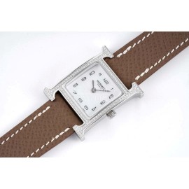 Hermes Bv Factory Diamond Square Dial Leather Strap Watch Coffee