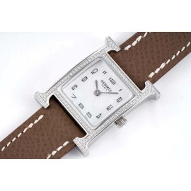 Hermes Bv Factory Diamond Square Dial Leather Strap Watch Coffee