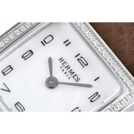 Hermes Bv Factory Diamond Square Dial Leather Strap Watch Coffee