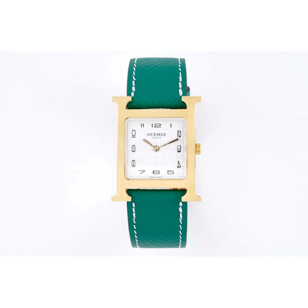 Hermes Bv Factory Heure H Leather Strap Square Dial Watch Green