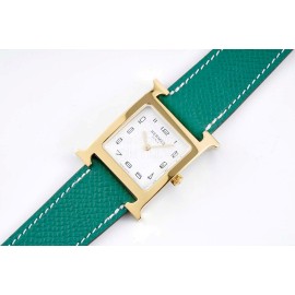 Hermes Bv Factory Heure H Leather Strap Square Dial Watch Green