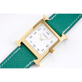 Hermes Bv Factory Heure H Leather Strap Square Dial Watch Green