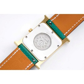 Hermes Bv Factory Heure H Leather Strap Square Dial Watch Green