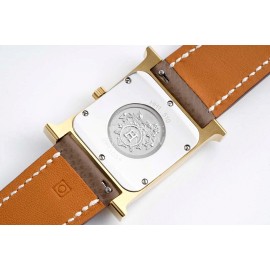 Hermes Bv Factory Heure H Leather Strap Square Dial Watch Coffee