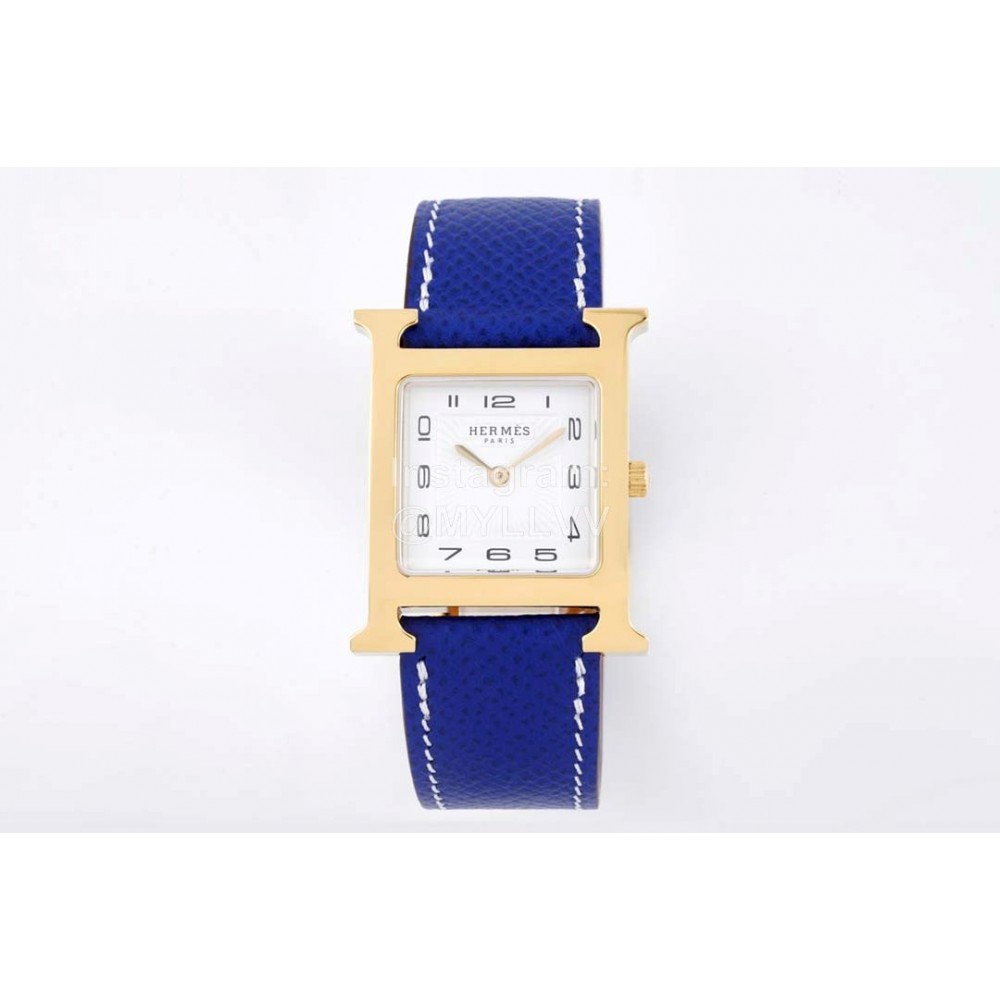 Hermes Bv Factory Heure H Leather Strap Square Dial Watch Blue