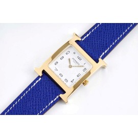 Hermes Bv Factory Heure H Leather Strap Square Dial Watch Blue