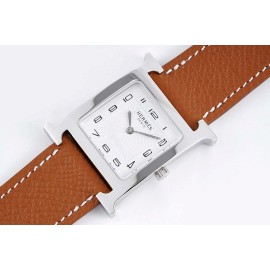 Hermes Bv Factory Heure H Brown Leather Strap Square Dial Watch 