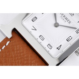 Hermes Bv Factory Heure H Brown Leather Strap Square Dial Watch 