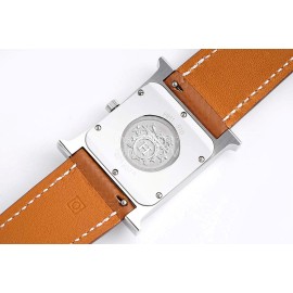 Hermes Bv Factory Heure H Brown Leather Strap Square Dial Watch 