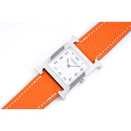Hermes Bv Factory Heure H Orange Leather Strap Square Dial Watch 