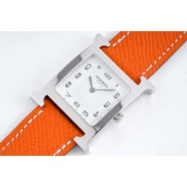 Hermes Bv Factory Heure H Orange Leather Strap Square Dial Watch 