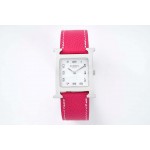 Hermes Bv Factory Heure H Leather Strap Square Dial Watch Rose Red