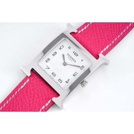 Hermes Bv Factory Heure H Leather Strap Square Dial Watch Rose Red