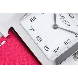 Hermes Bv Factory Heure H Leather Strap Square Dial Watch Rose Red