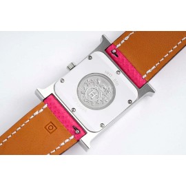 Hermes Bv Factory Heure H Leather Strap Square Dial Watch Rose Red
