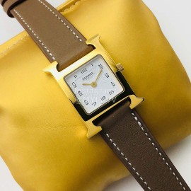 Hermes Hr Factory Heure H Series Square Dial Coffee Leather Strap Watch