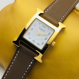 Hermes Hr Factory Heure H Series Square Dial Coffee Leather Strap Watch