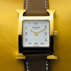 Hermes Hr Factory Heure H Series Square Dial Coffee Leather Strap Watch