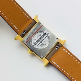 Hermes Hr Factory Heure H Series Square Dial Coffee Leather Strap Watch