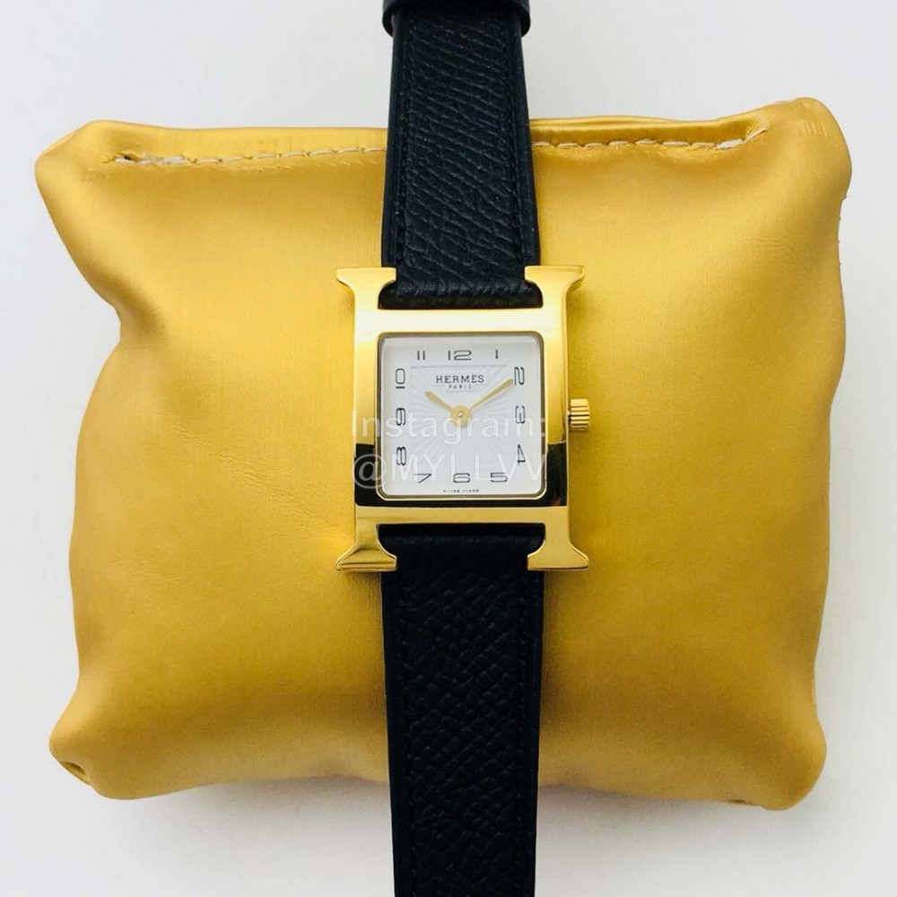 Hermes Hr Factory Heure H Series Square Dial Black Leather Strap Watch