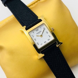Hermes Hr Factory Heure H Series Square Dial Black Leather Strap Watch