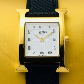Hermes Hr Factory Heure H Series Square Dial Black Leather Strap Watch