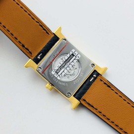Hermes Hr Factory Heure H Series Square Dial Black Leather Strap Watch
