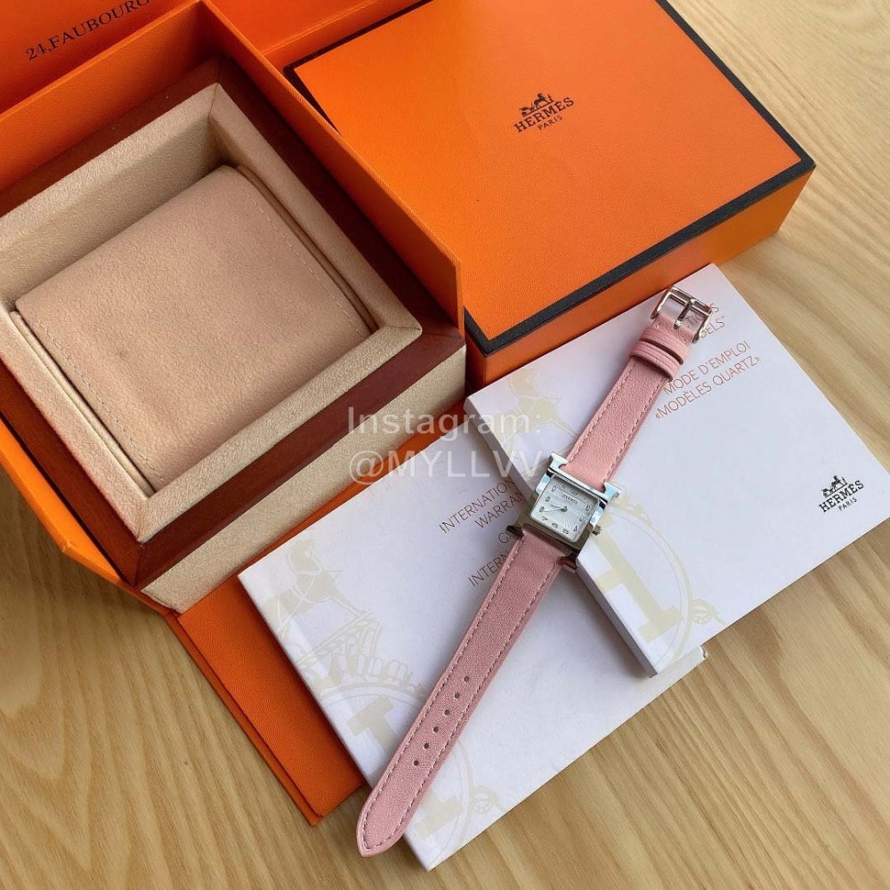 Hermes 316l Refined Steel Barenia Leather Strap Watch Pink
