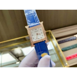 Hermes Classic Square Dial Leather Strap Diamond Watch Blue