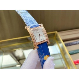 Hermes Classic Square Dial Leather Strap Diamond Watch Blue