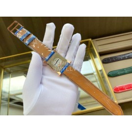 Hermes Classic Square Dial Leather Strap Diamond Watch Blue