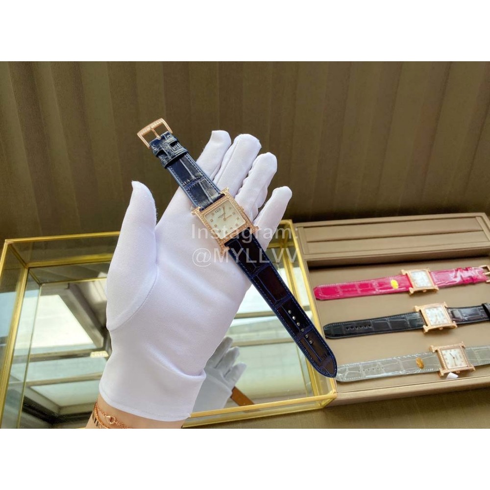 Hermes Classic Square Dial Leather Strap Diamond Watch Navy