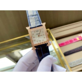 Hermes Classic Square Dial Leather Strap Diamond Watch Navy