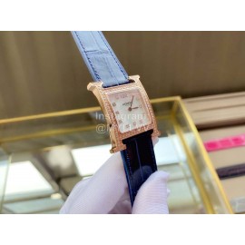 Hermes Classic Square Dial Leather Strap Diamond Watch Navy