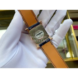 Hermes Classic Square Dial Leather Strap Diamond Watch Navy