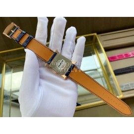 Hermes Classic Square Dial Leather Strap Diamond Watch Navy