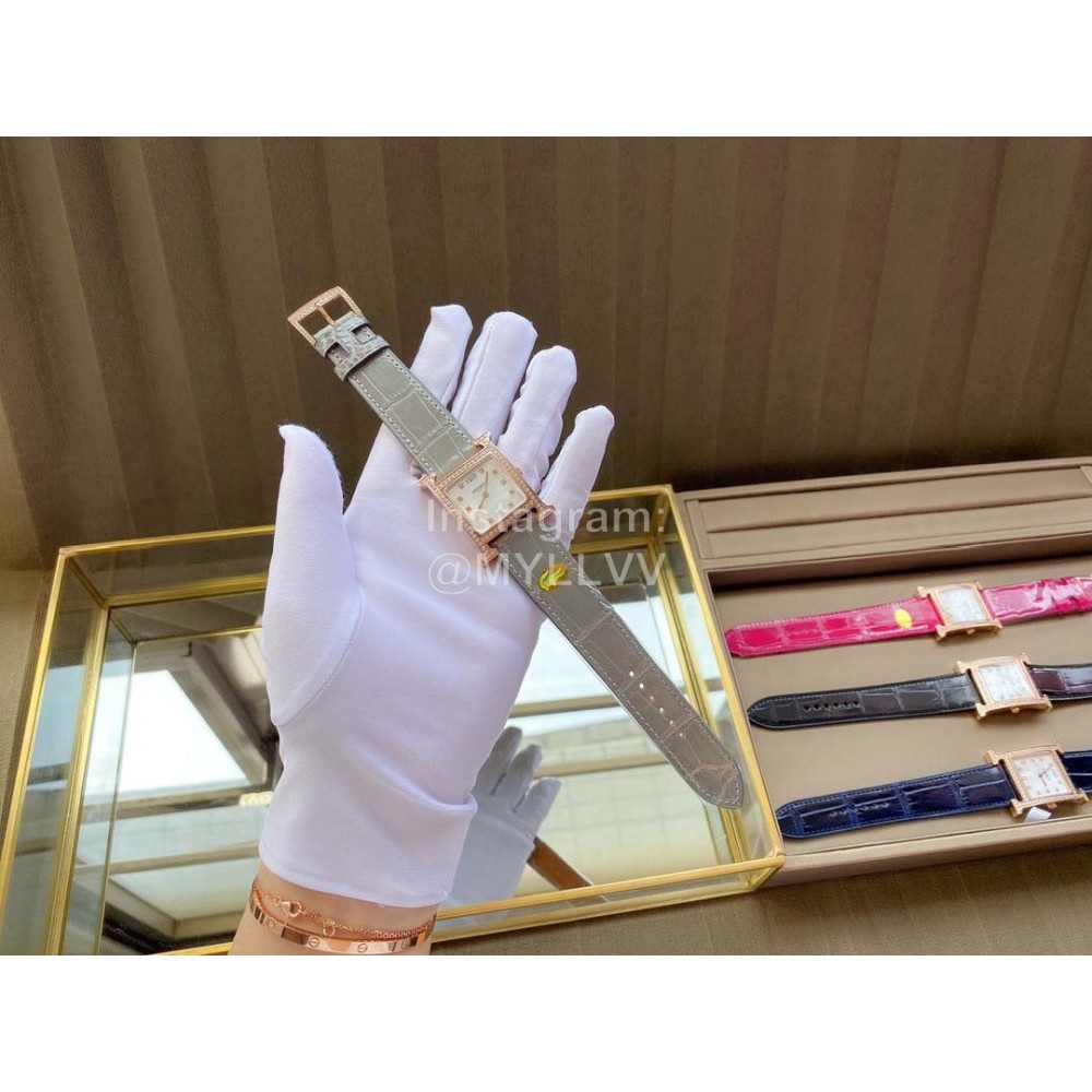 Hermes Classic Square Dial Leather Strap Diamond Watch Gray