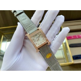 Hermes Classic Square Dial Leather Strap Diamond Watch Gray