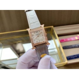 Hermes Classic Square Dial Leather Strap Diamond Watch Gray