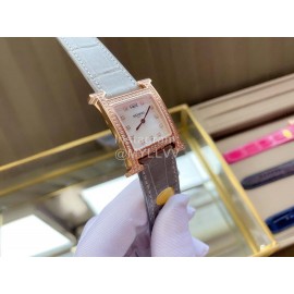 Hermes Classic Square Dial Leather Strap Diamond Watch Gray