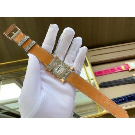 Hermes Classic Square Dial Leather Strap Diamond Watch Gray