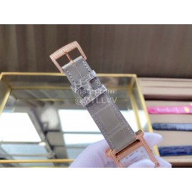 Hermes Classic Square Dial Leather Strap Diamond Watch Gray