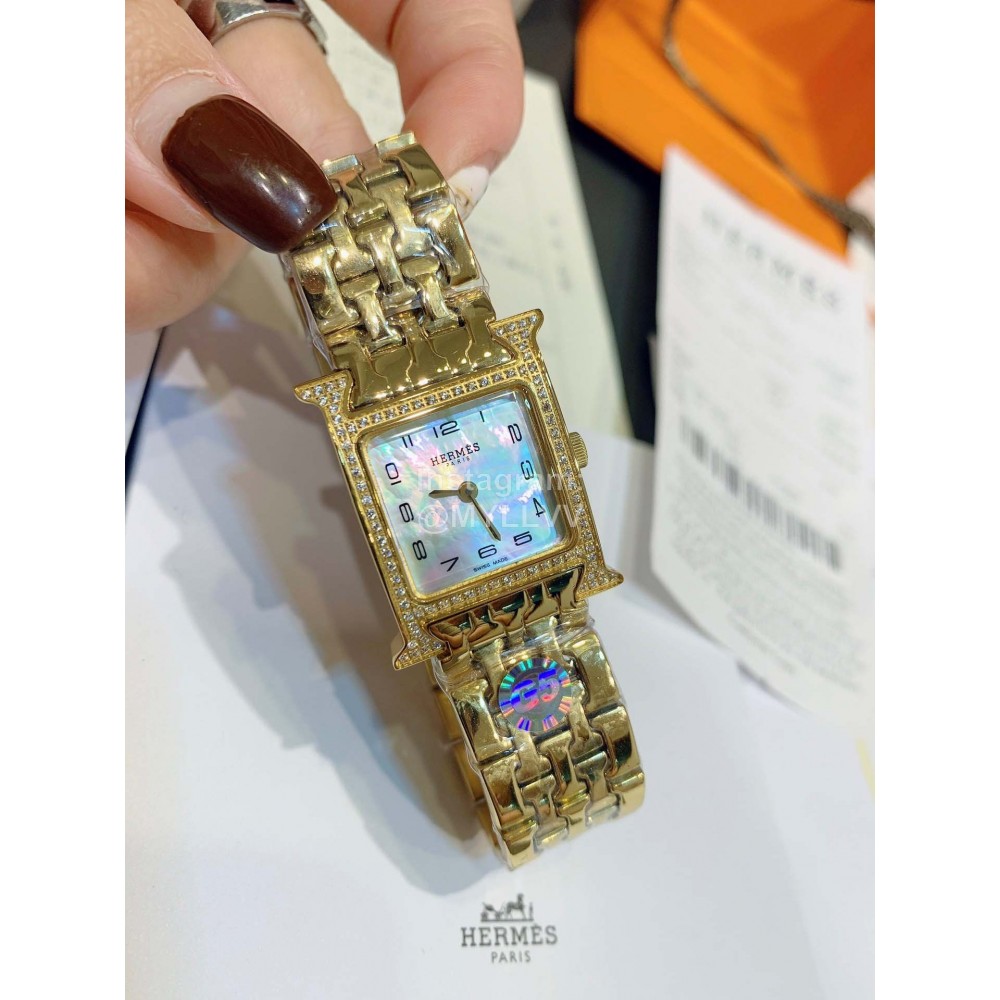 Hermes 316l Fine Steel Case Strap Diamond Watch Gold