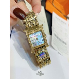 Hermes 316l Fine Steel Case Strap Diamond Watch Gold