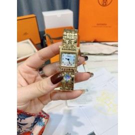 Hermes 316l Fine Steel Case Strap Diamond Watch Gold